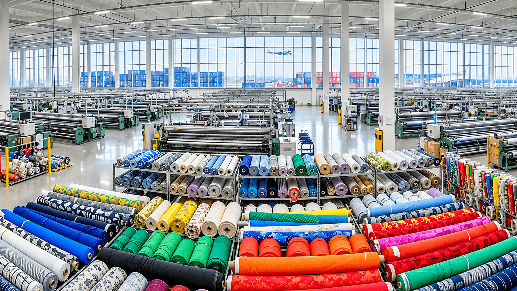 Rows of fabric rolls filling a large production hall