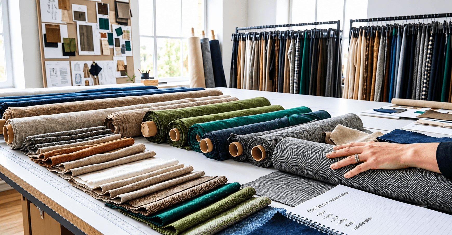 Fabric rolls in many colours spread across a selection table