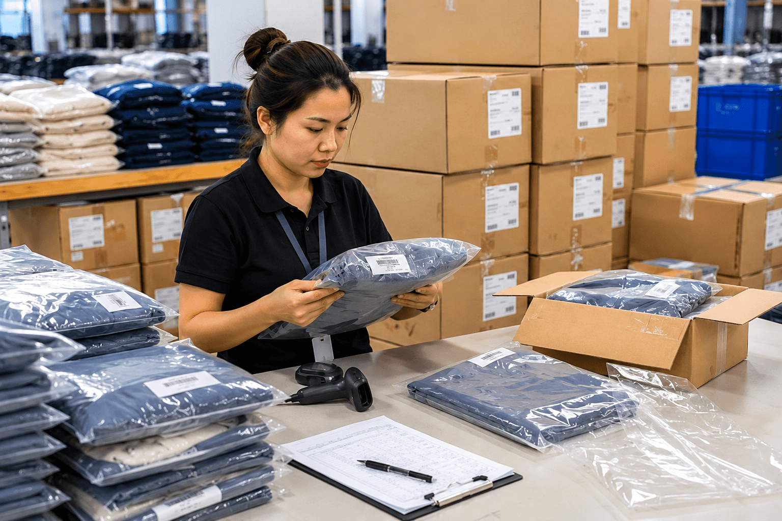 A worker checking folded garments and packing them into cartons for dispatch