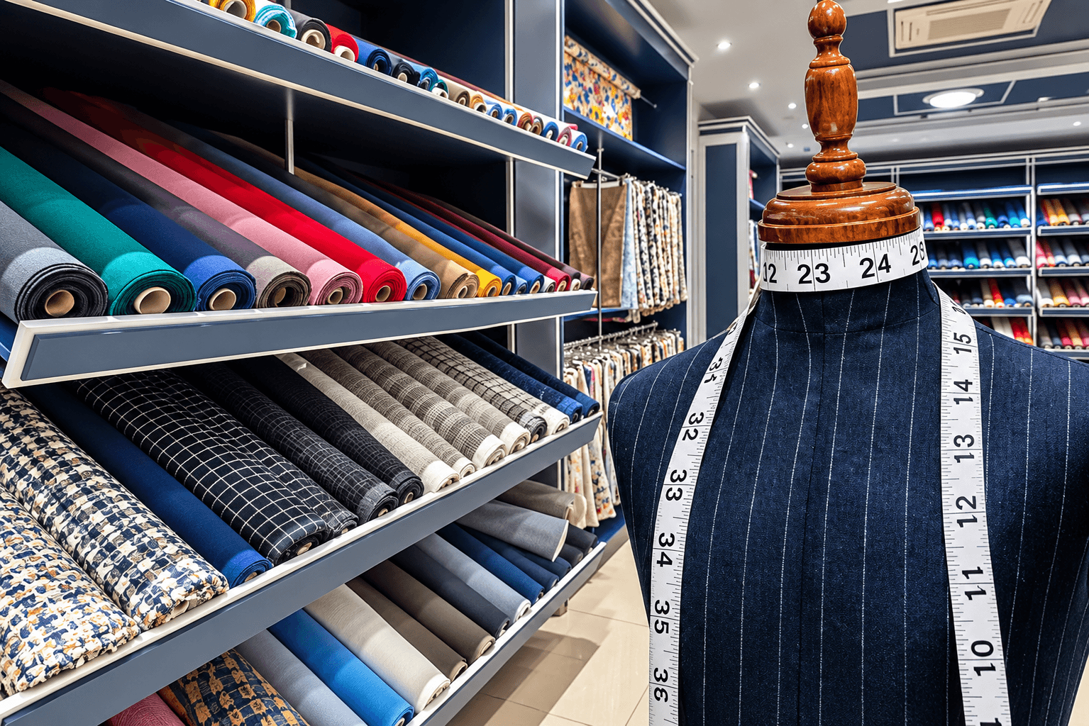 A tape measure measured across fabric beside rolls of cloth on the shelf