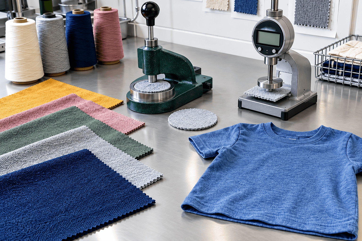 Fabric swatches, thread cones and a finished sample on the inspection bench