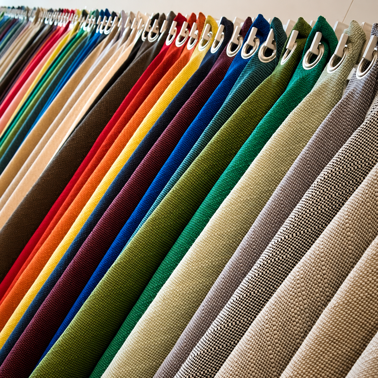 A rack of ring-spun yarn cones in a full colour range