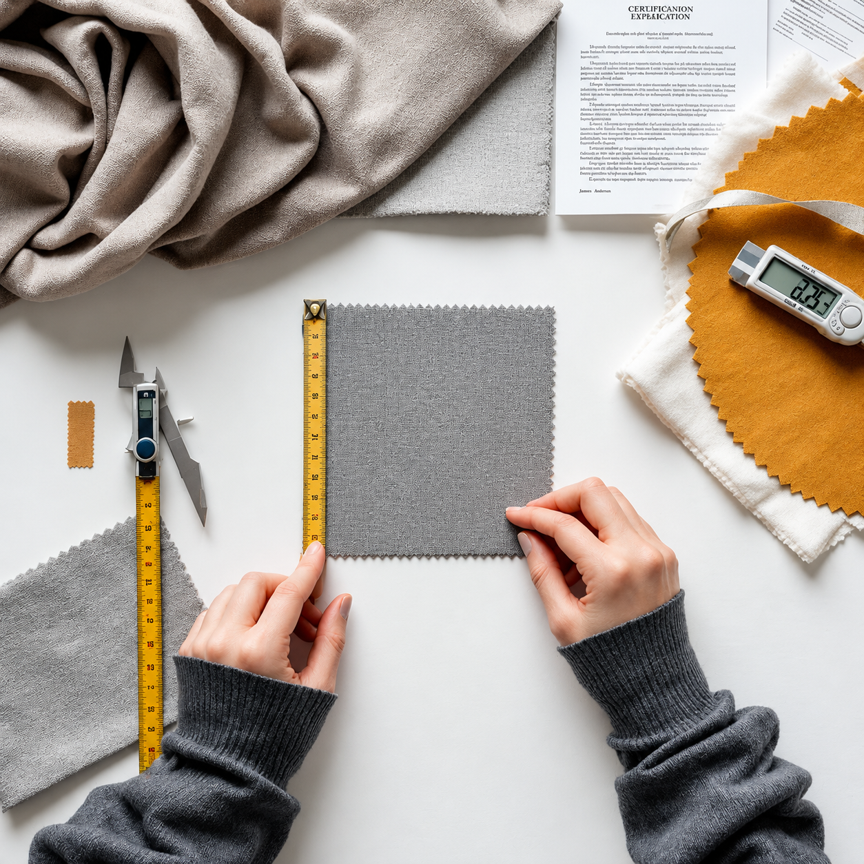 A tape measure draped across cream fabric