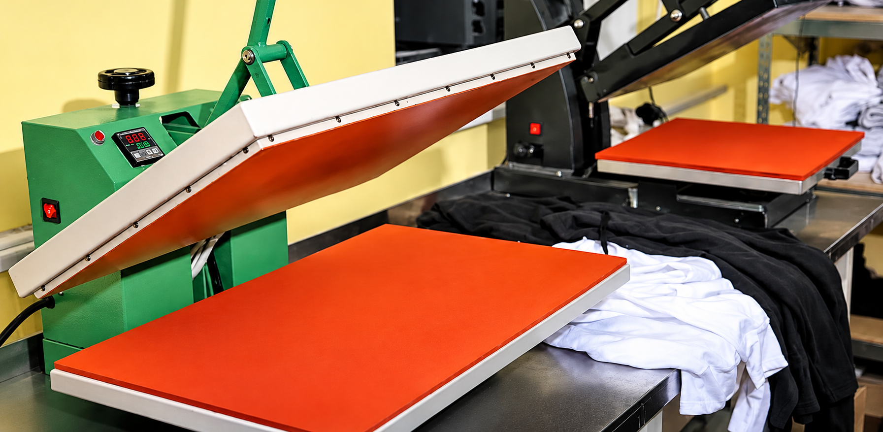 A heat press lowering onto an orange platen