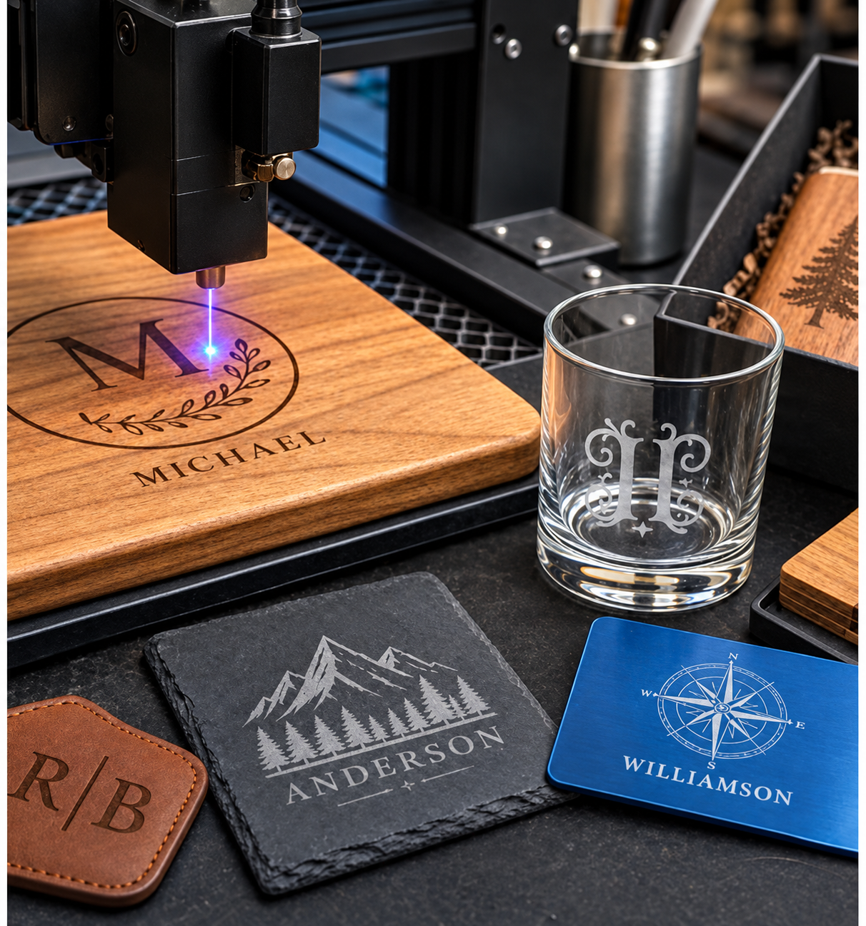 A laser engraver marking a design into a wooden coaster