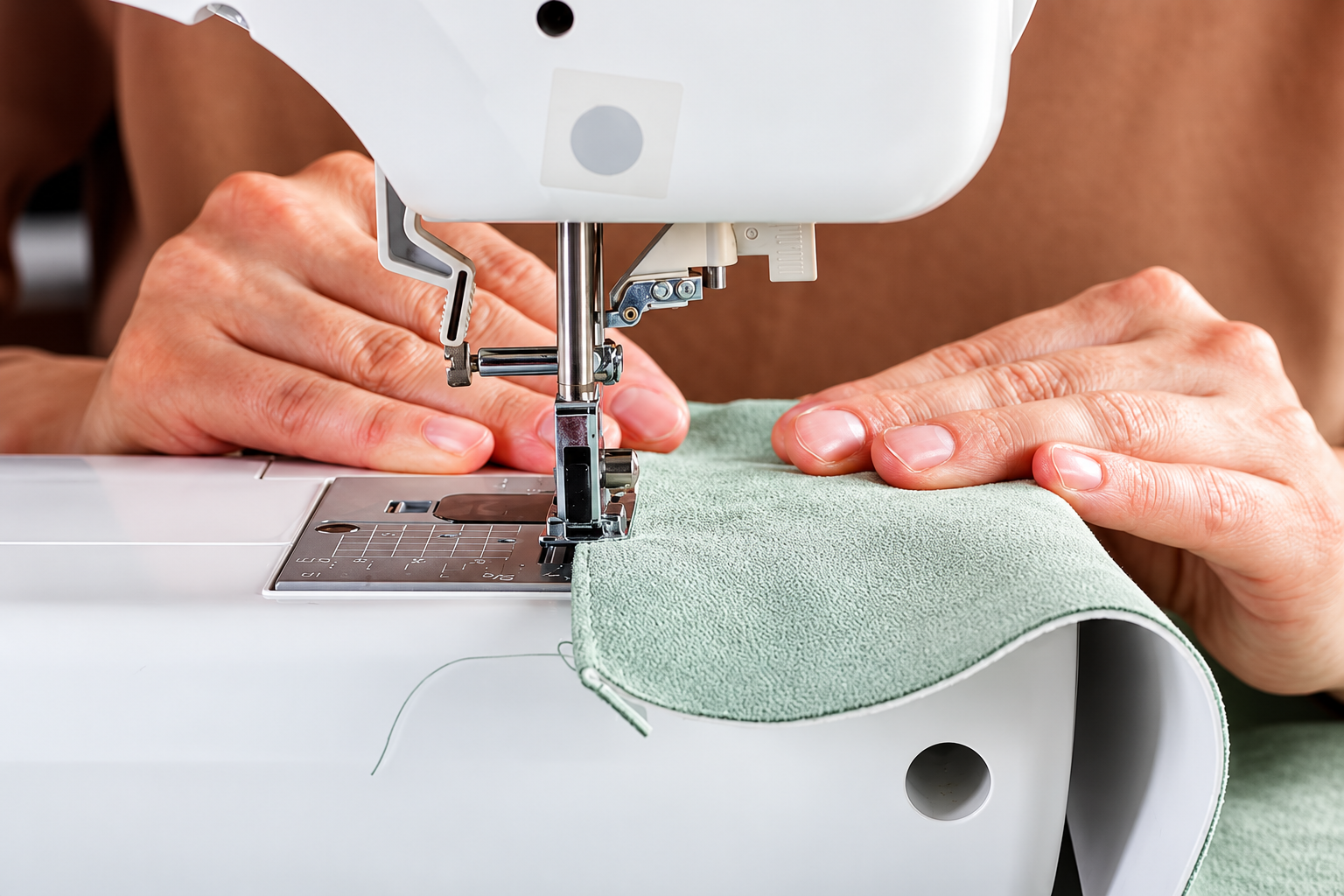 A sewing machine topstitching a seam on grey fabric